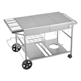 Outdoor Grill Cart, 36.4 x 23.4 x 1 inch Tabletop Size Grilling Table, Movable Outdoor Cooking Table with 4 Spice Containers, Wheels, Lids, Hooks, BBQ