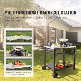 Outdoor Grill Dining Cart with Double-Shelf, BBQ Movable Food Prep Table, Multifunctional Stainless Steel Table Top, Portable Modular Carts for Pizza